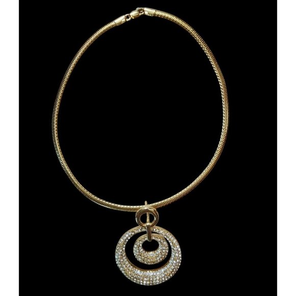 Gold-Tone Necklace Textured Double Circle Pendant & Lobster Clasp Multi Rings - Picture 1 of 6